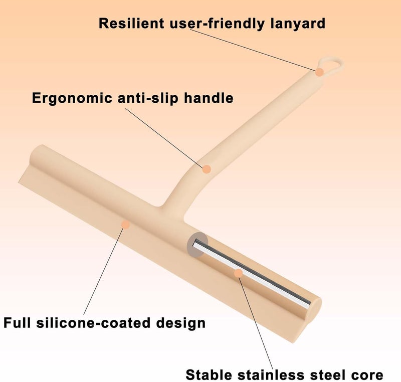 DEOFUXT Squeegee for Shower Glass Doors, Resilient Loop - No-Drill & Adhesive Hook, Silicone Shower Squeegee with Stainless Steel Core, Cleaning Tool for Home, Kitchen, Bathroom & Car - Beige - Image 2